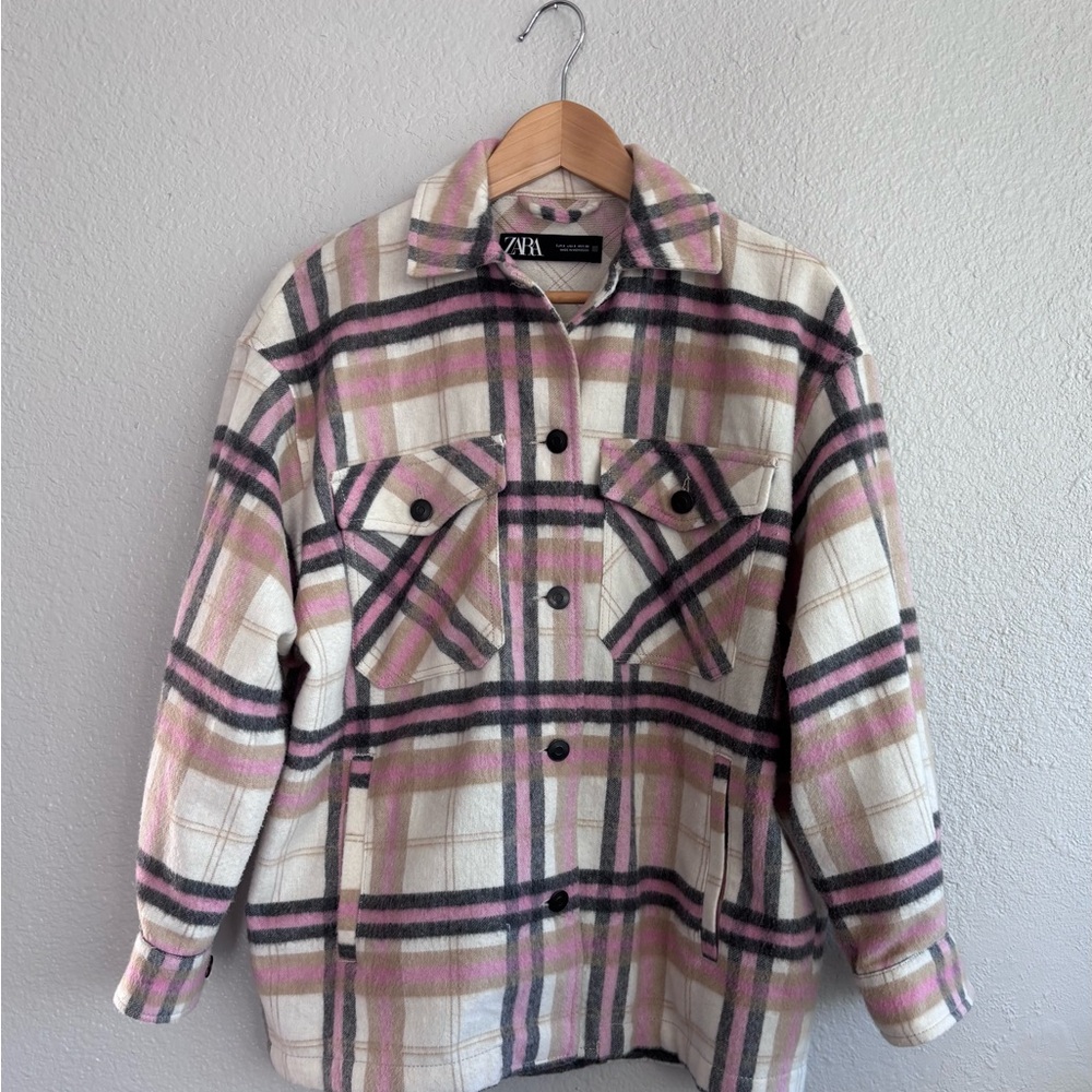 Zara Pastel Plaid Utility Jacket Shacket Oversized Size S - Picture 5 of 12